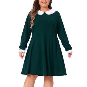 Plus Size Long Sleeve Doll Collars Peter Pan Aline Flare Midi Dress Dark Green
